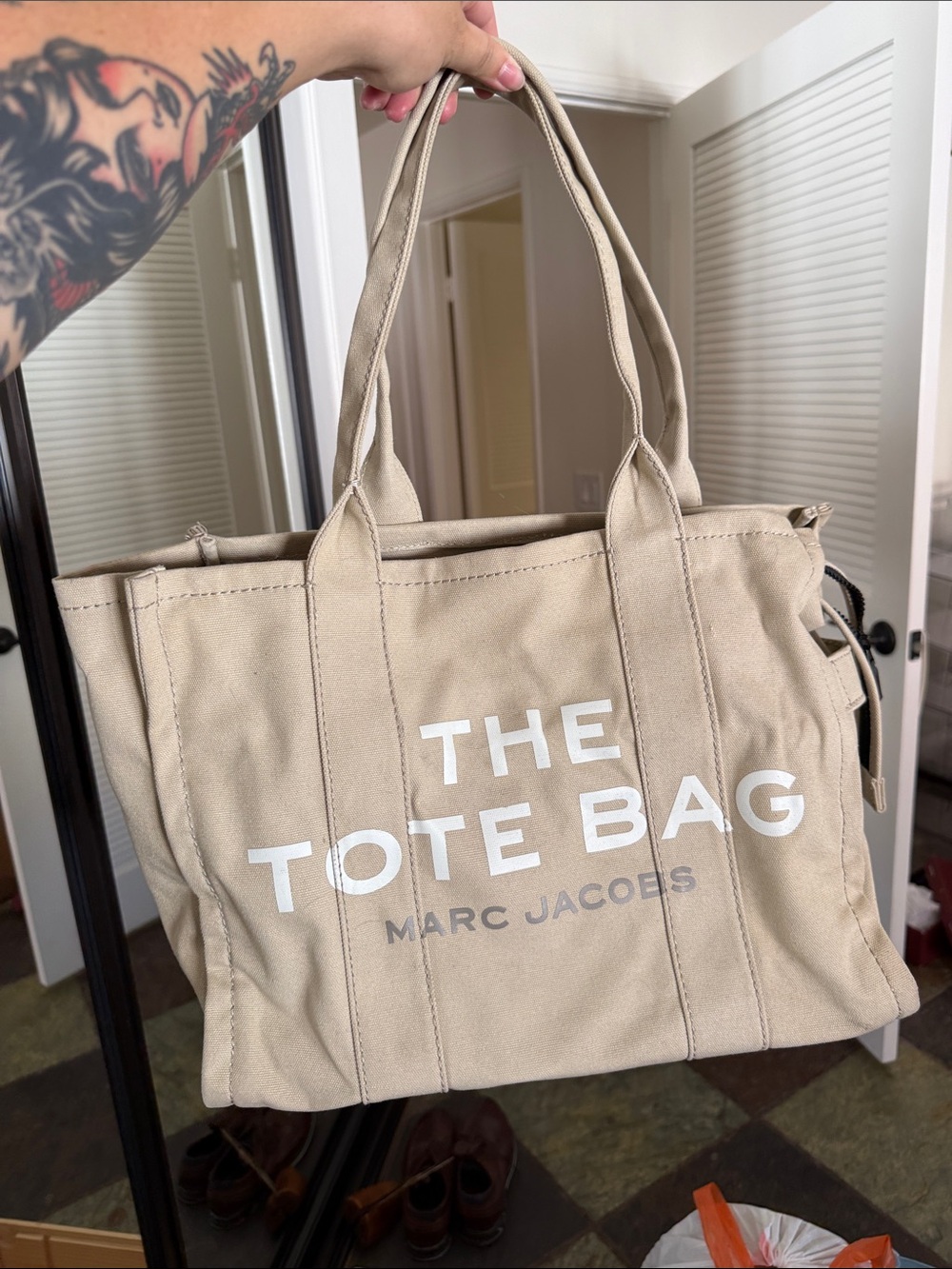 Marc Jacobs Beige Canvas Duffel Tote with Bold Logo